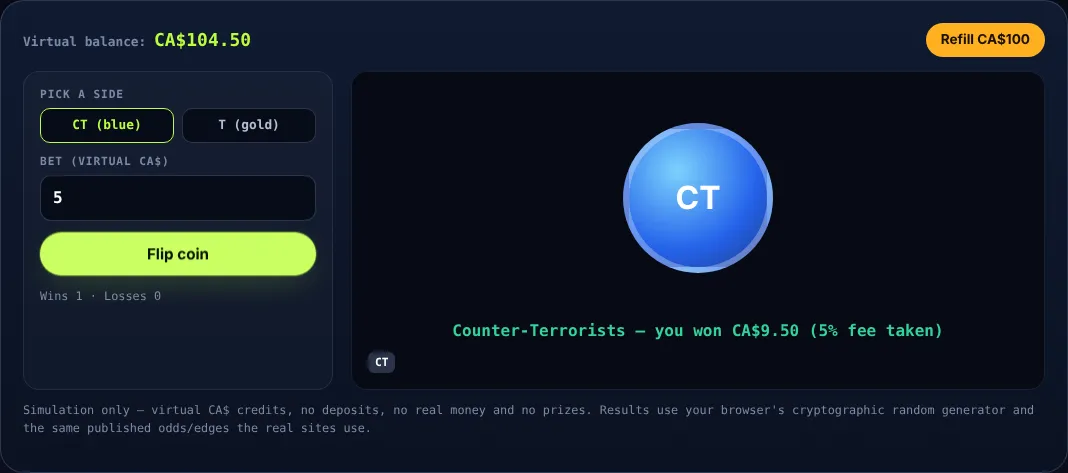 CT vs T coinflip in our simulator — a 50/50 flip with a 5% fee on wins.