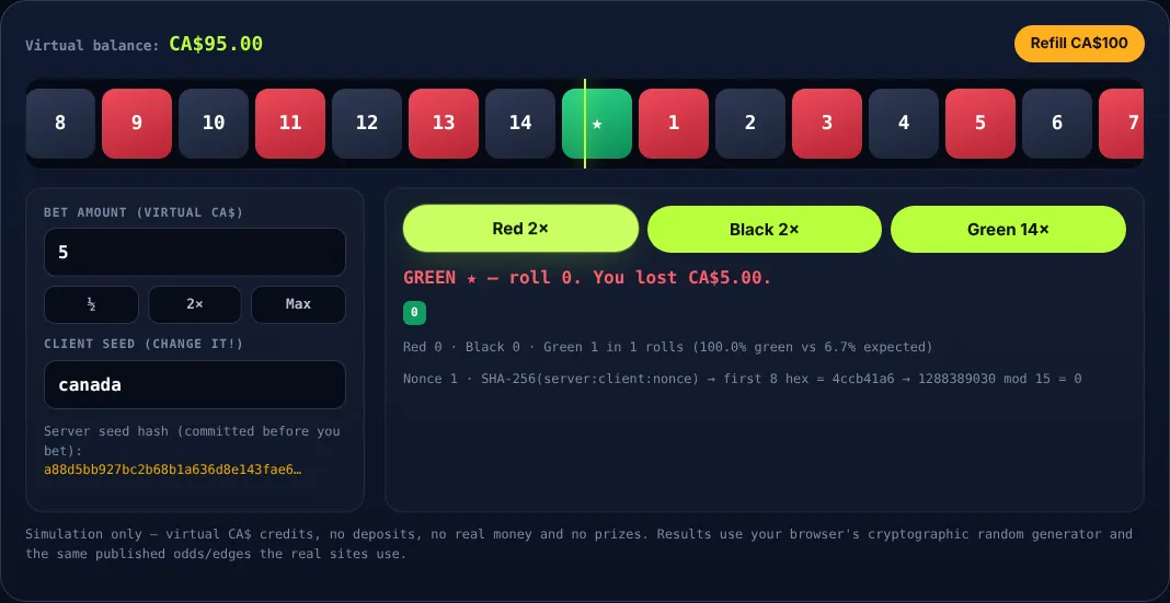 Provably-fair demo: the server seed hash is shown before you bet, and each roll is derived from SHA-256(server:client:nonce).